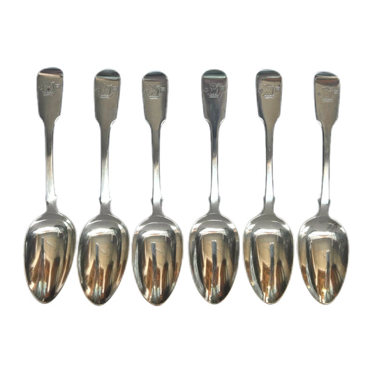 Antique William IV set of 6 sterling silver table spoons. London, 1832, Jonathan Hayne, Crest of the Marquess of Abergavenny