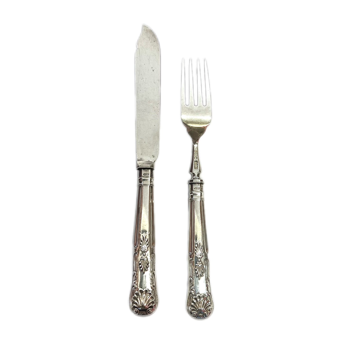 Antique Edwardian 24 piece cased set of Kings Pattern sterling silver fish servers, James Dixon & Sons