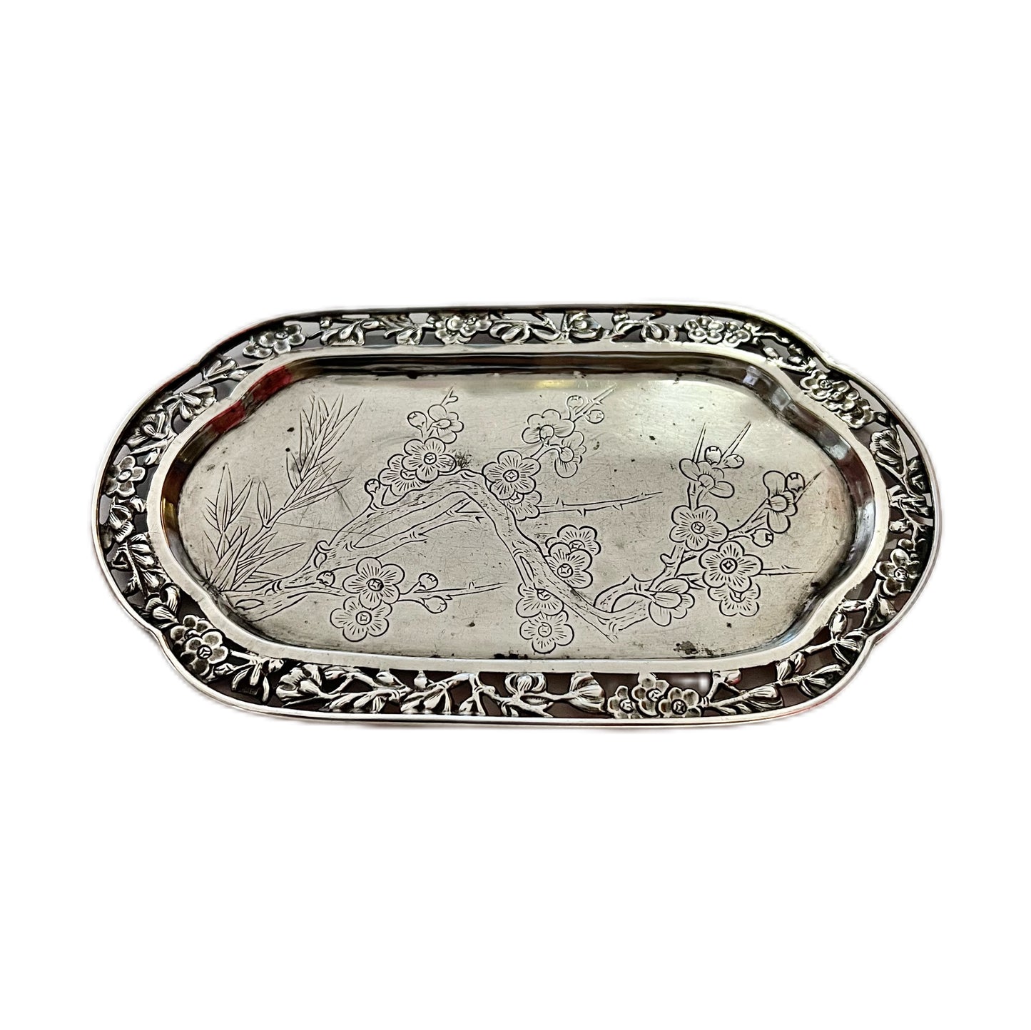 Antique Chinese export silver plum blossom trinket dish by Wang Hing