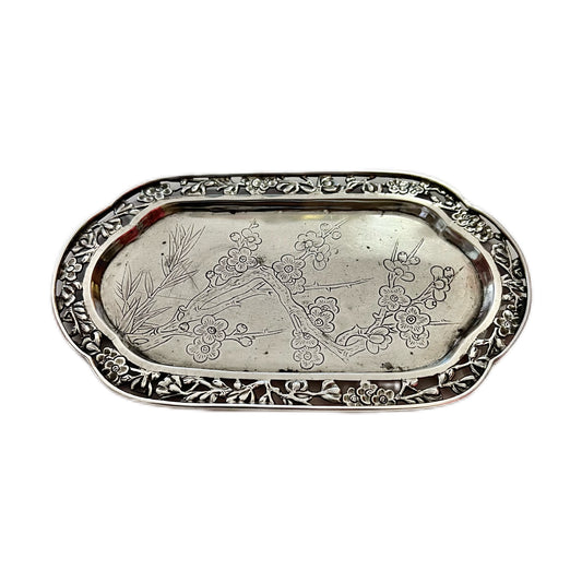 Antique Chinese export silver plum blossom trinket dish by Wang Hing