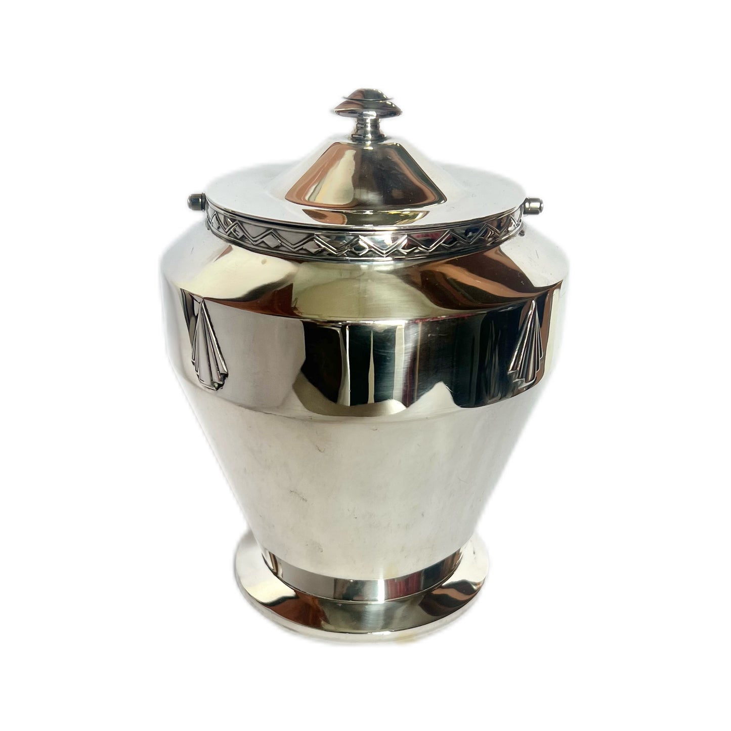 George V English Art Deco inter-war period sterling silver biscuit barrel