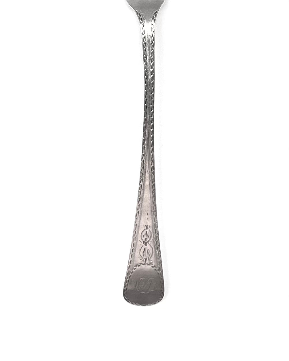 Exceptional 18th century early Chinese Export Silver fork by important maker Bao Ying, High Georgian manner with bright-cut pattern