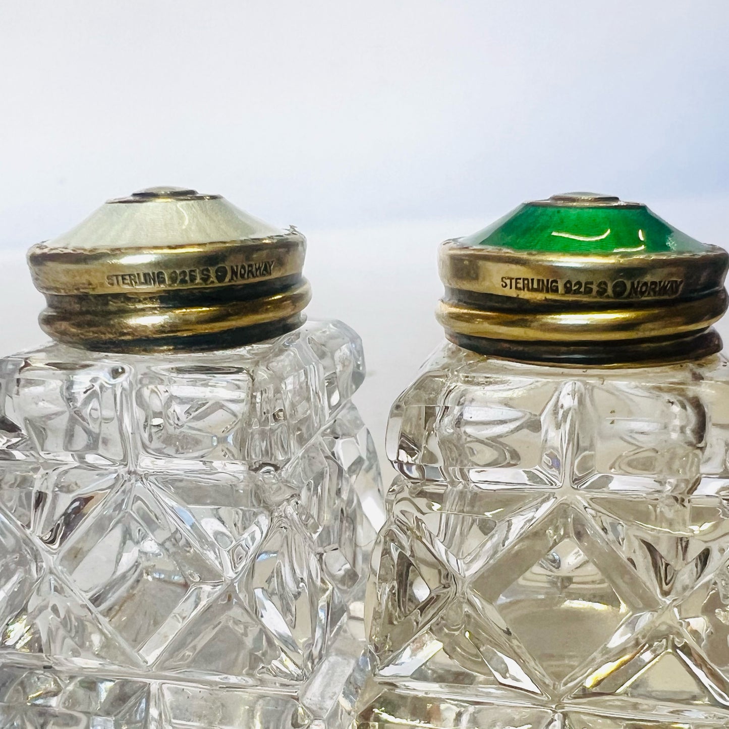 David Andersen enamel and silver silver salt and pepper shakers with silver-plated tray