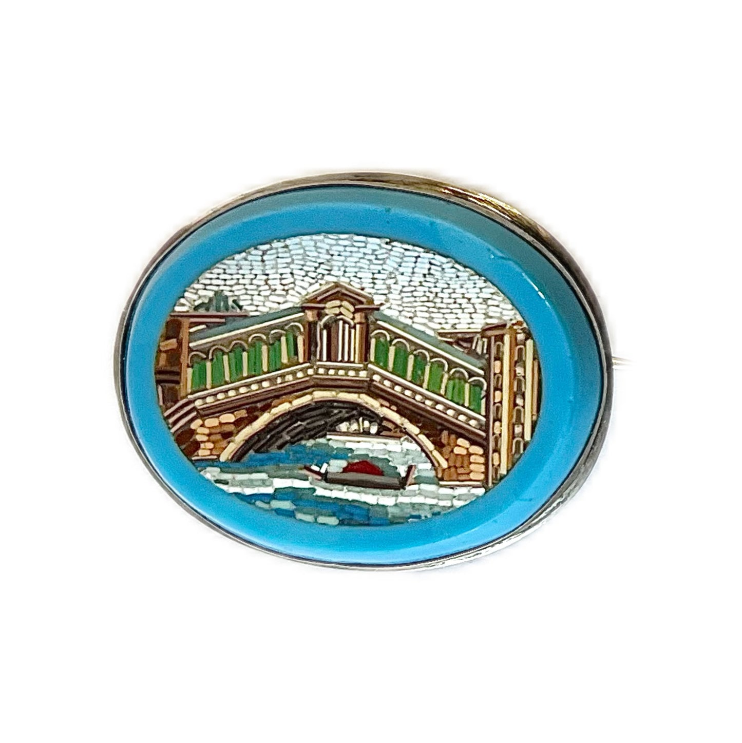 Antique Victorian Grand Tour micromosaic Rialto Bridge brooch with unmarked silver mount