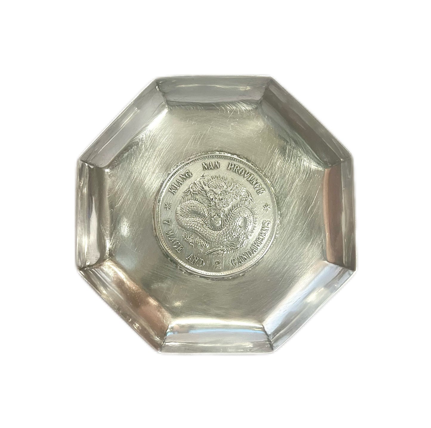 Antique Chinese export silver trinket dish with Guangxu Period Jiang nan (Kiang Nan) 7 Mace 2 Candareen coin