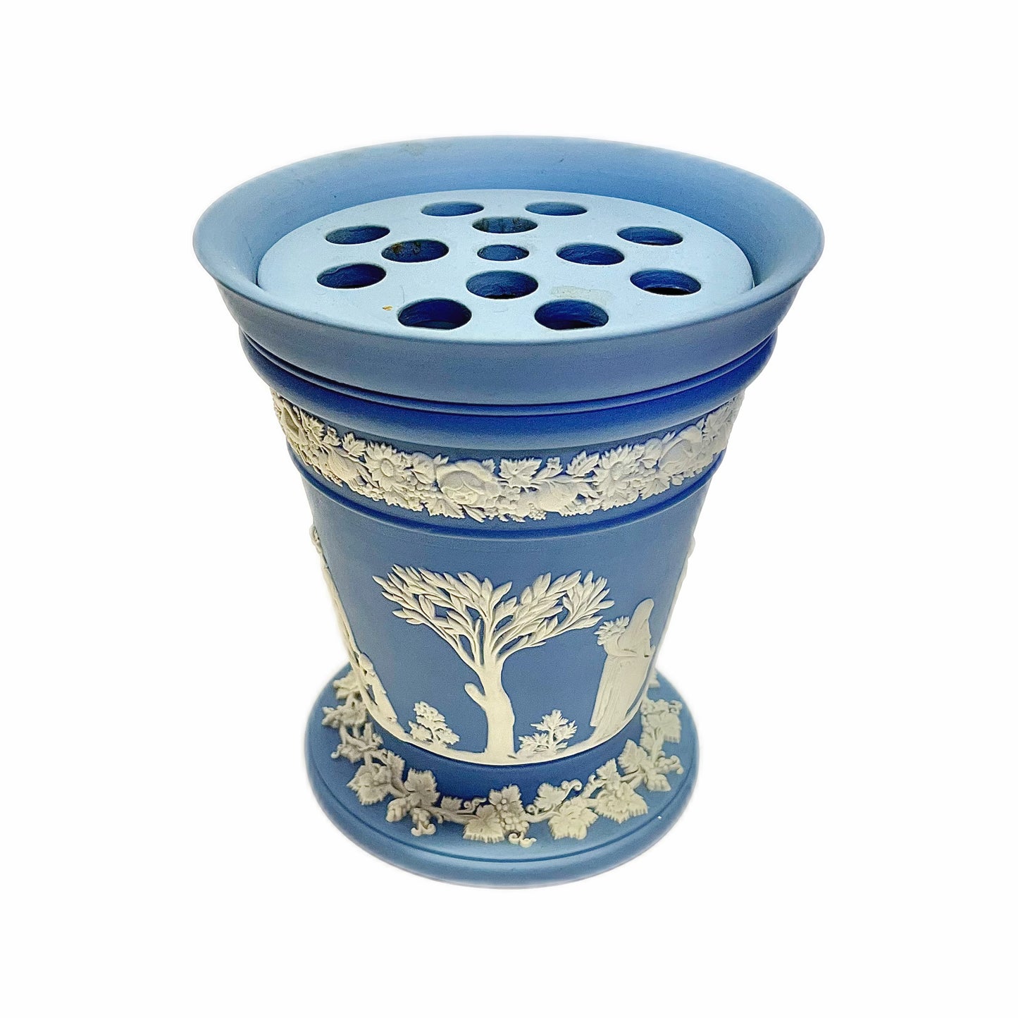 Large vintage blue Wedgwood vase with original flower frog
