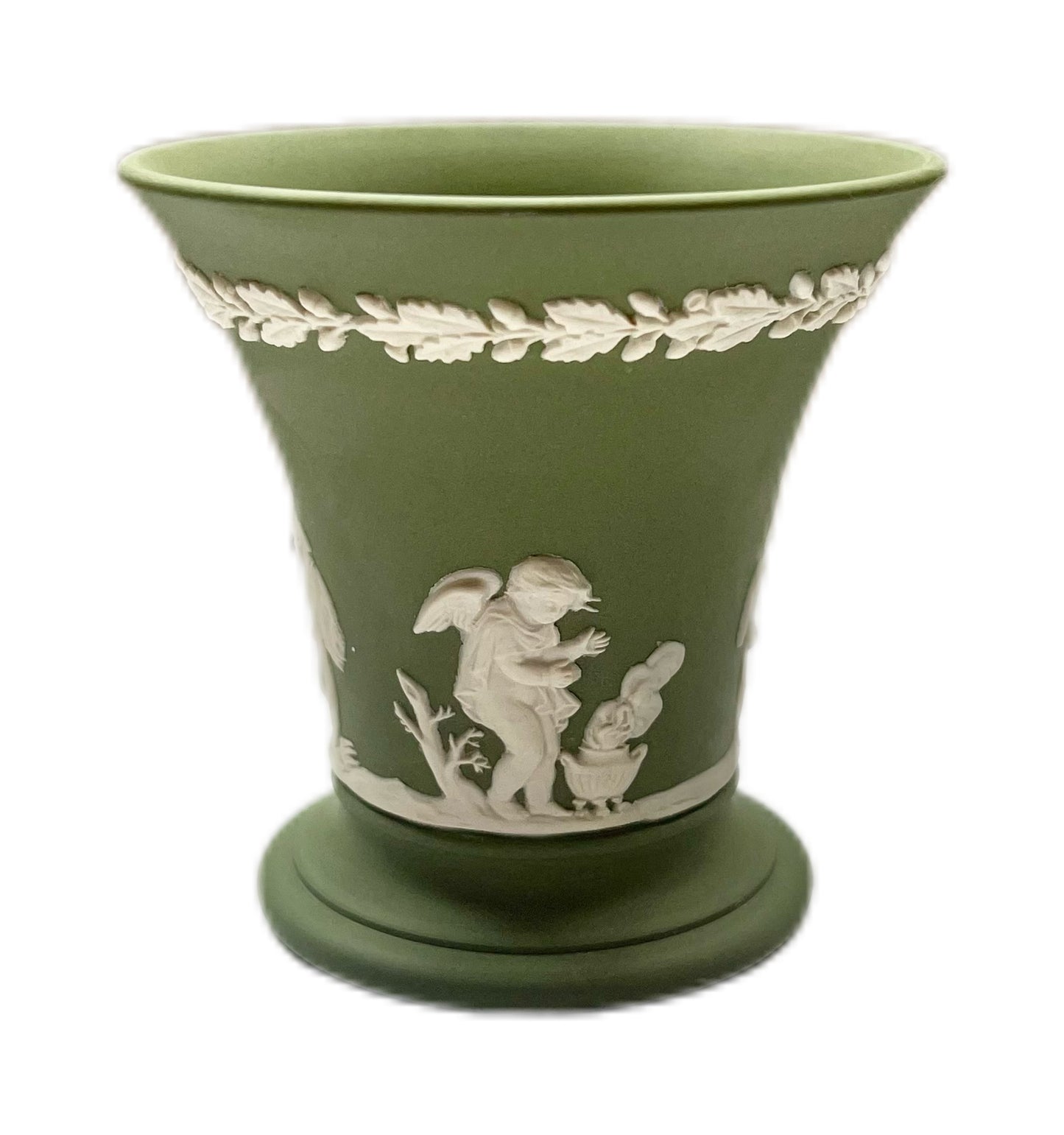 Vintage green Wedgwood posy vase with neo-classical motifs