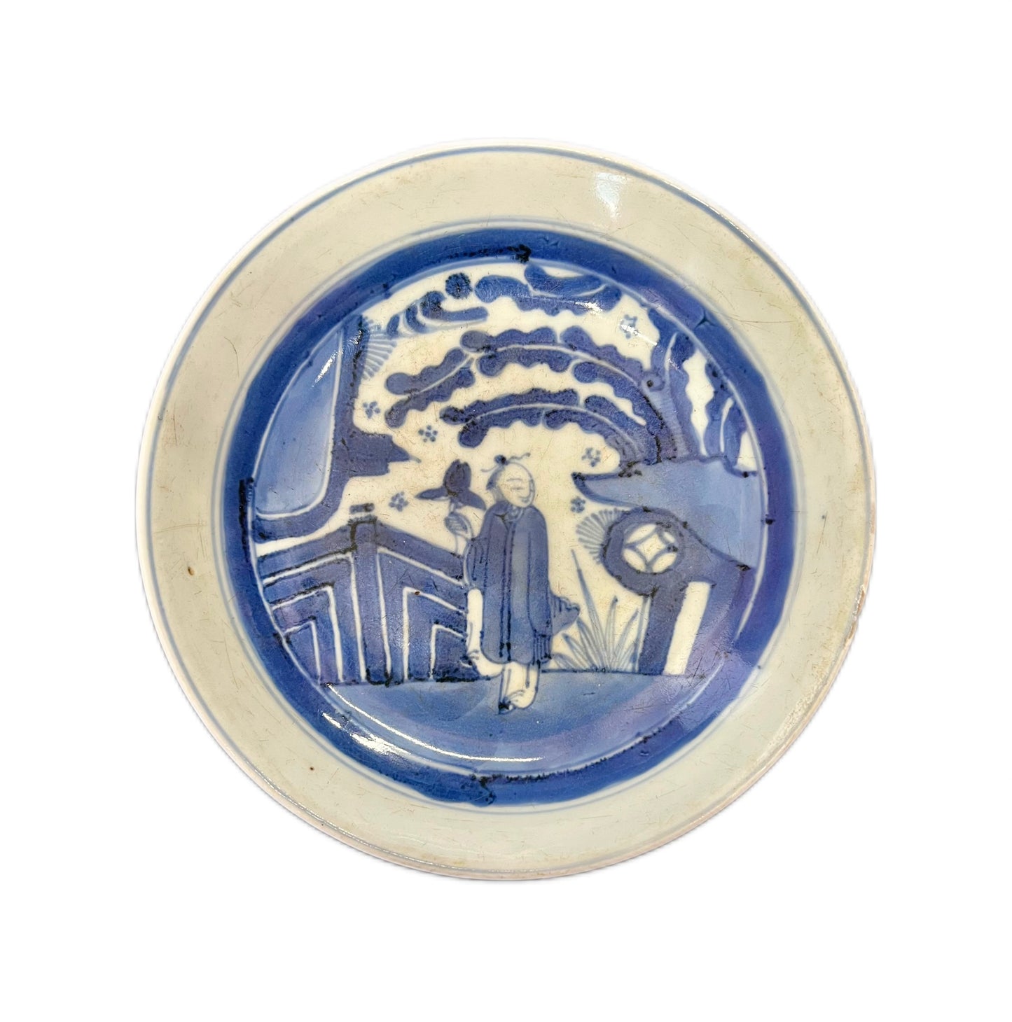 Early 18th century Kangxi period scholar in courtyard motif dish