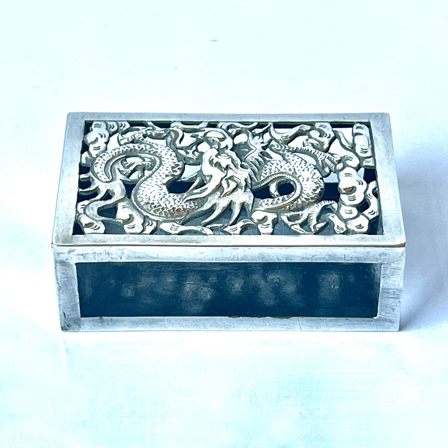 Antique Chinese export silver matchbox with dragon motif, circa 1890 to 1900s, marks for W.A., Canton