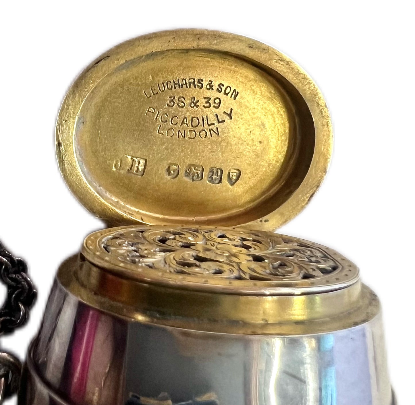 Victorian Leuchars & Sons sterling silver combination barrel -form scent bottle, pill box & vinaigrette by Jane Brownett