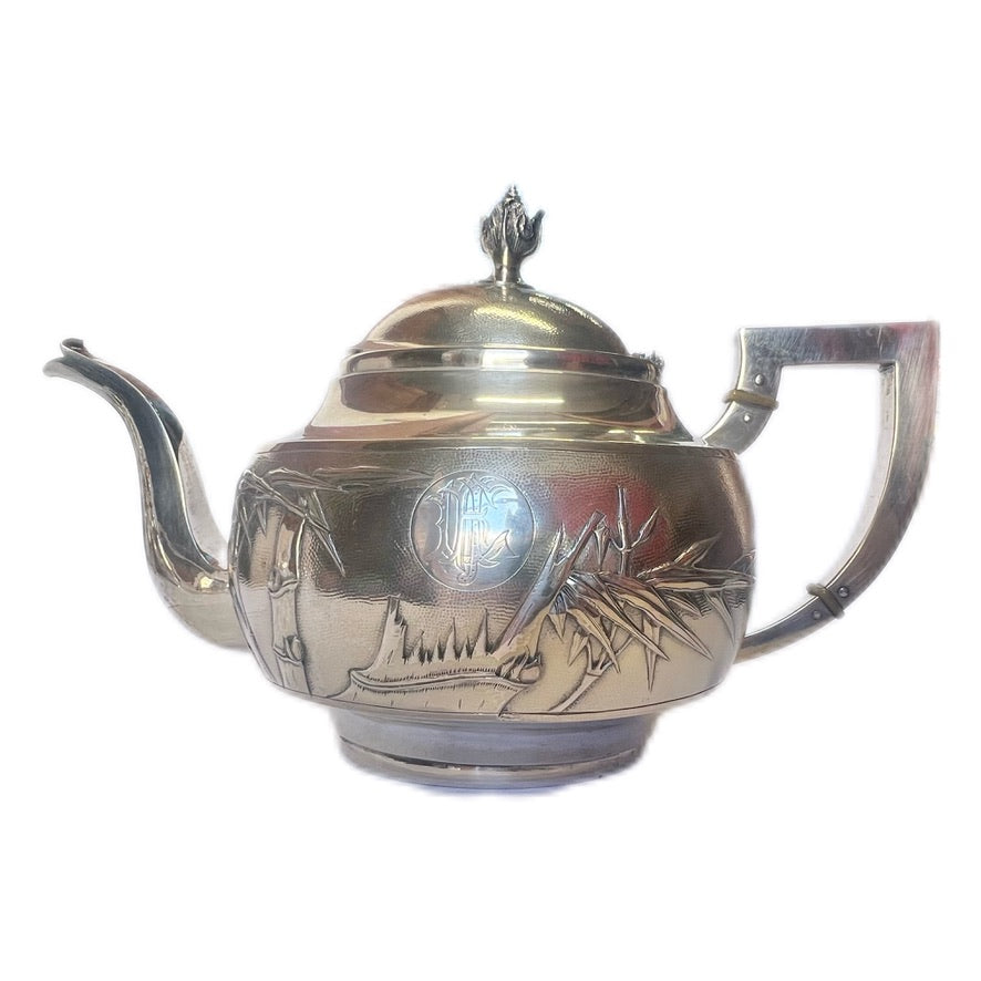 Near antique Chinese export silver 3 piece tea set with rosewood tray, estate of Shanghai Police Supt. Lovell