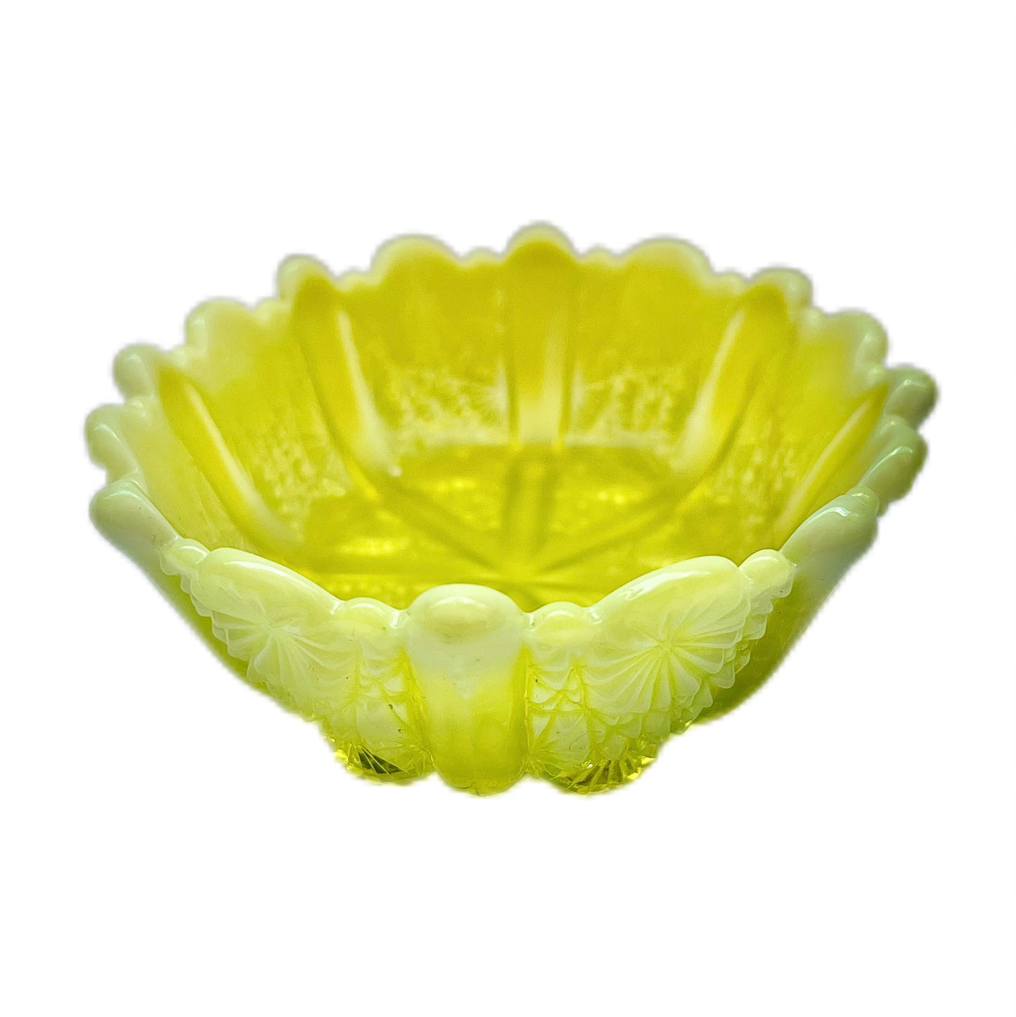 Absolutely stunning late Victorian uranium yellow vaseline glass dish circa 1890s to 1900s