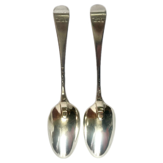 Pair of antique George II crested sterling silver tablespoons