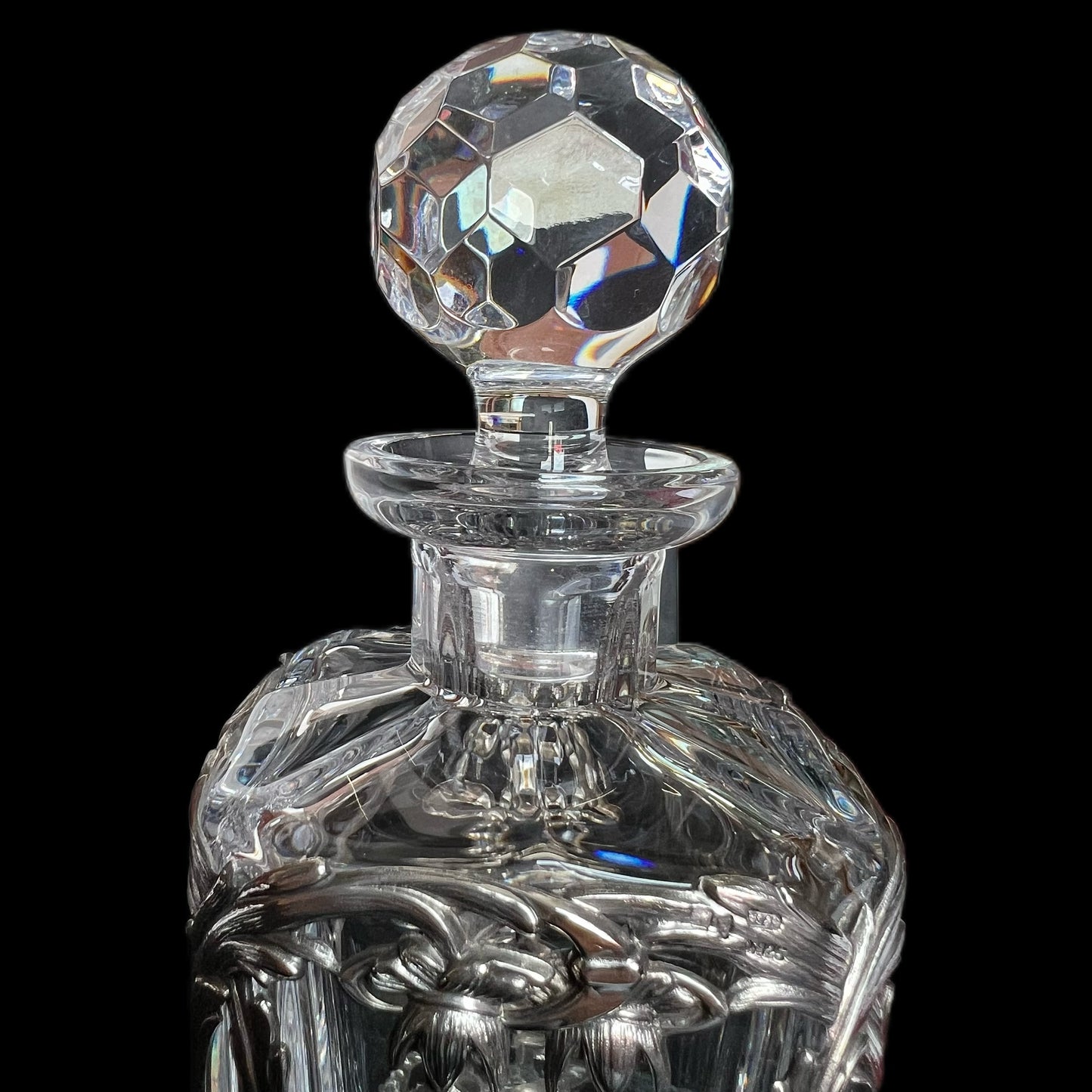 Vintage Atlantis Portugal crystal decanter with sterling silver caged overlay