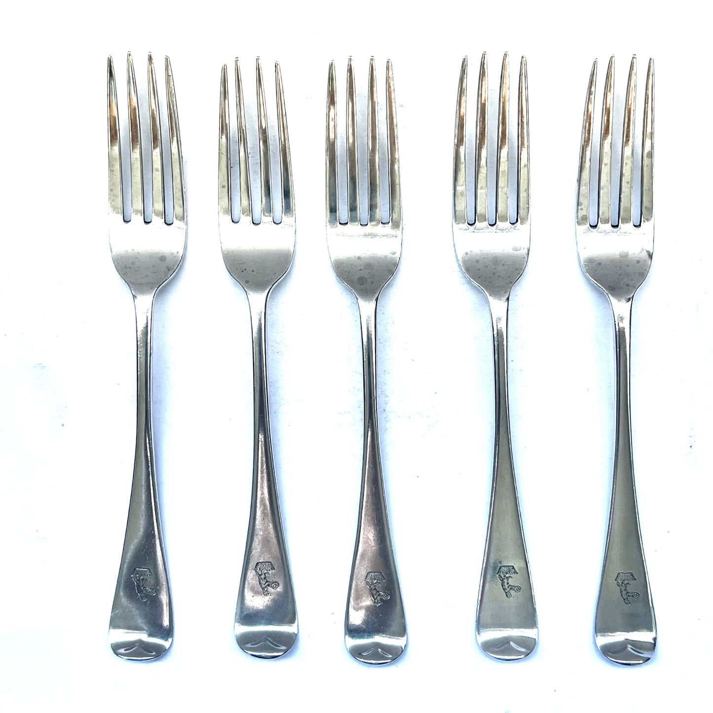 Set of 5 Victorian sterling silver entree forks, London, 1850, Chawner & Co. Beveridge family crest.