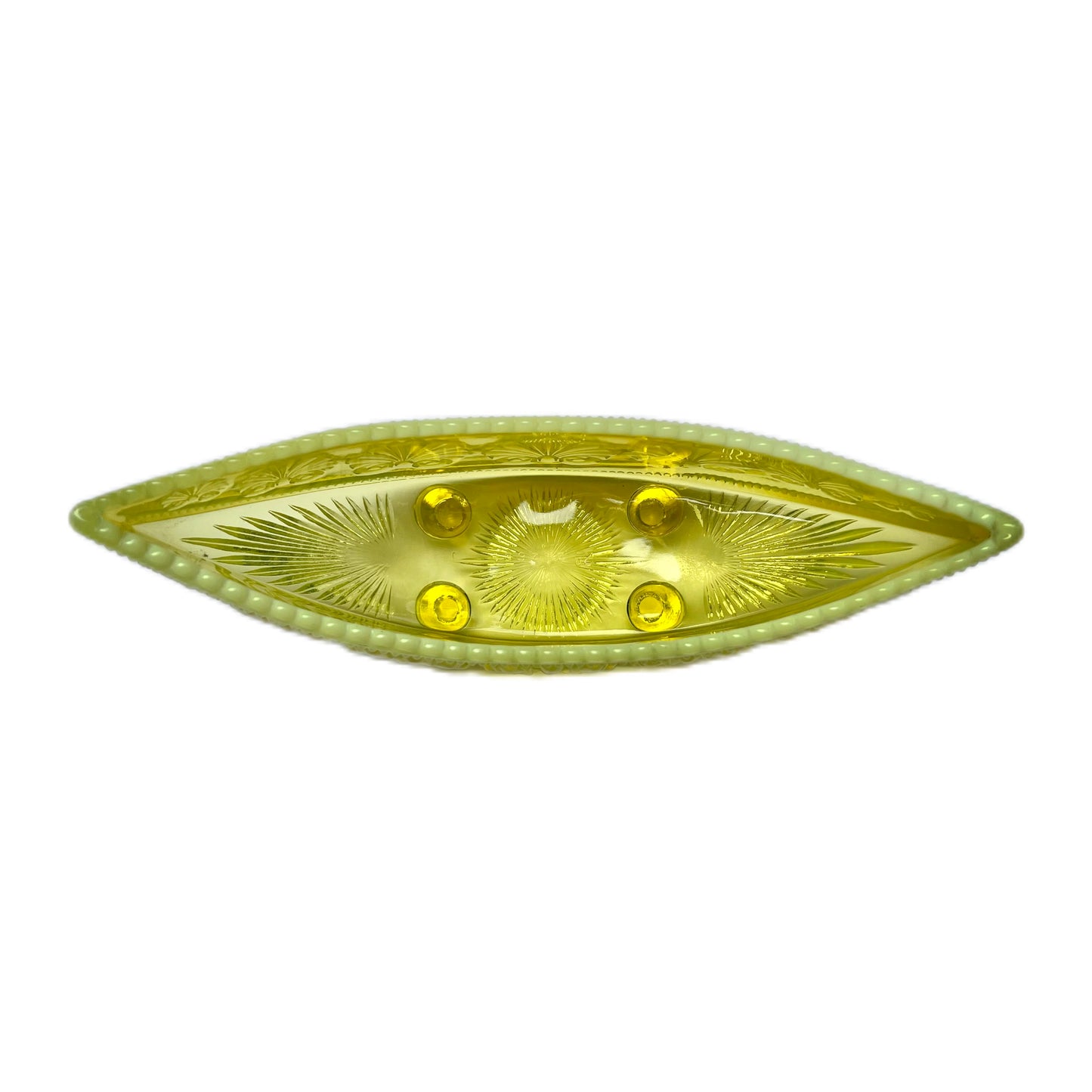 Late Victorian uranium yellow Primrose Pearline glass "War of the Roses" pattern boat shaped bowl