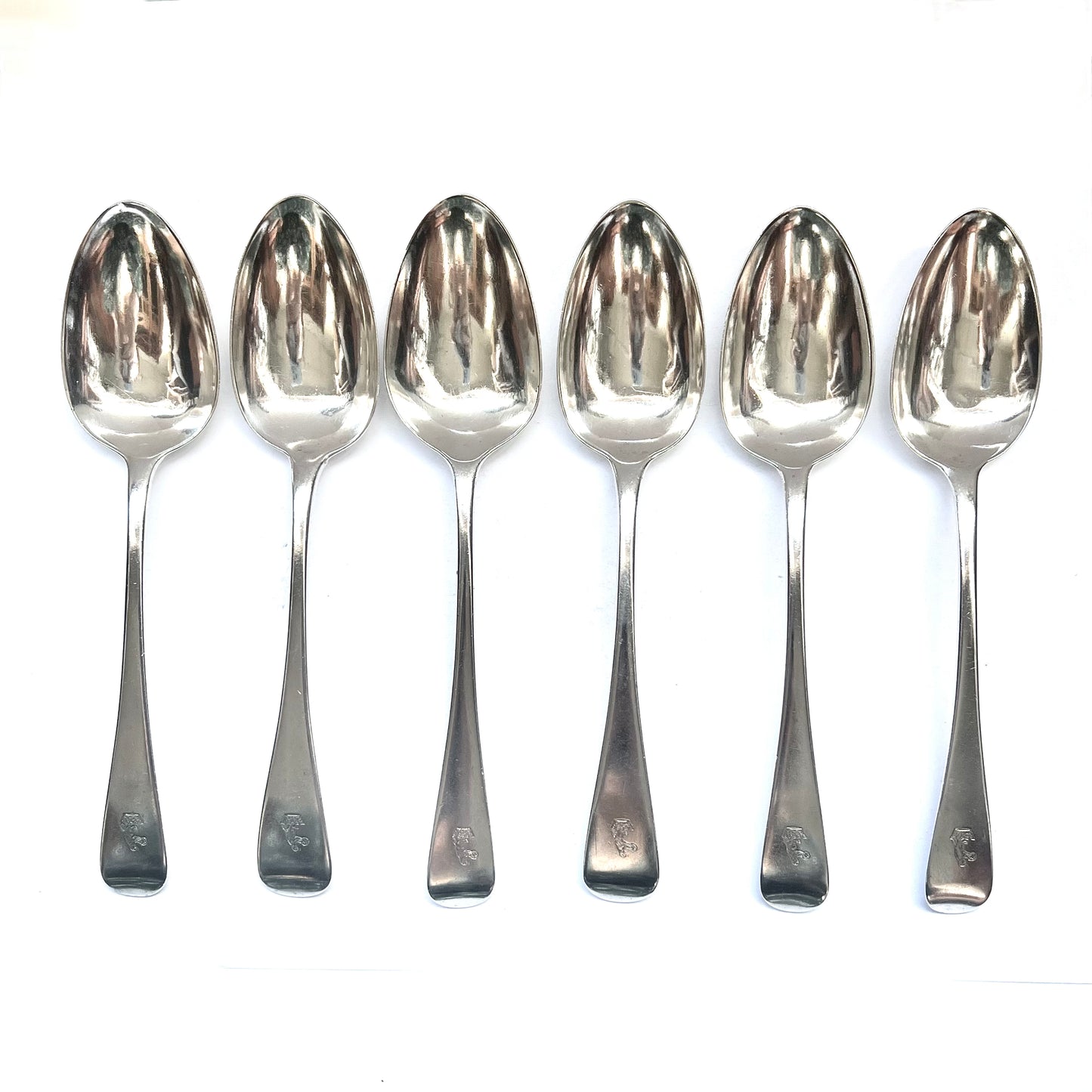 Set of 6 crested early Victorian sterling silver spoons, Beveridge family crest, marks for Mary Chawner and William Eaton