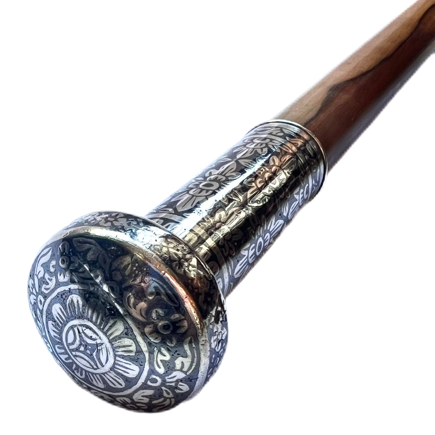 Antique niello on silver handled cane, likely Thai circa early 20th century