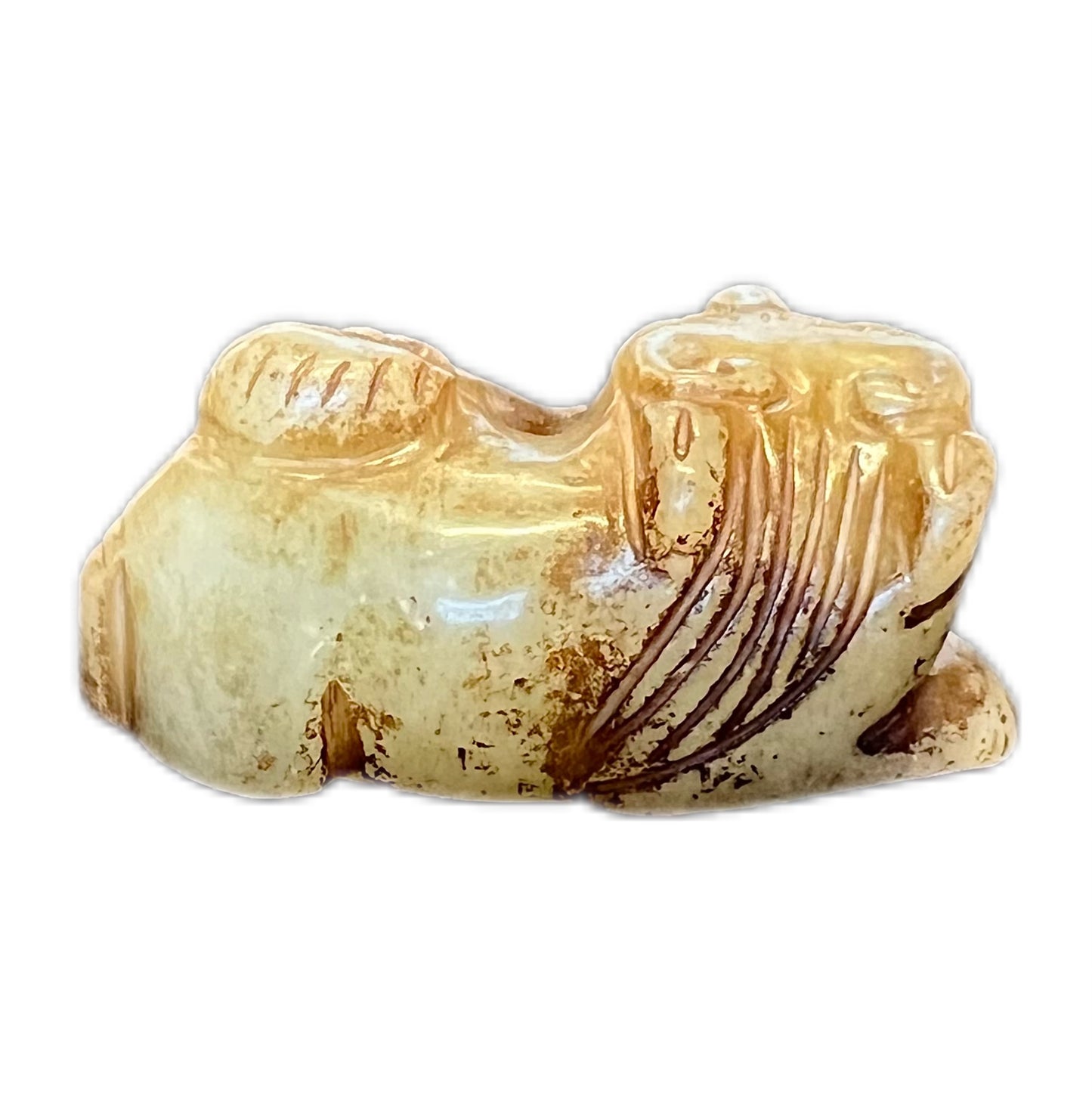 Vintage yellow and russet jade carved mythical feline beast pendant