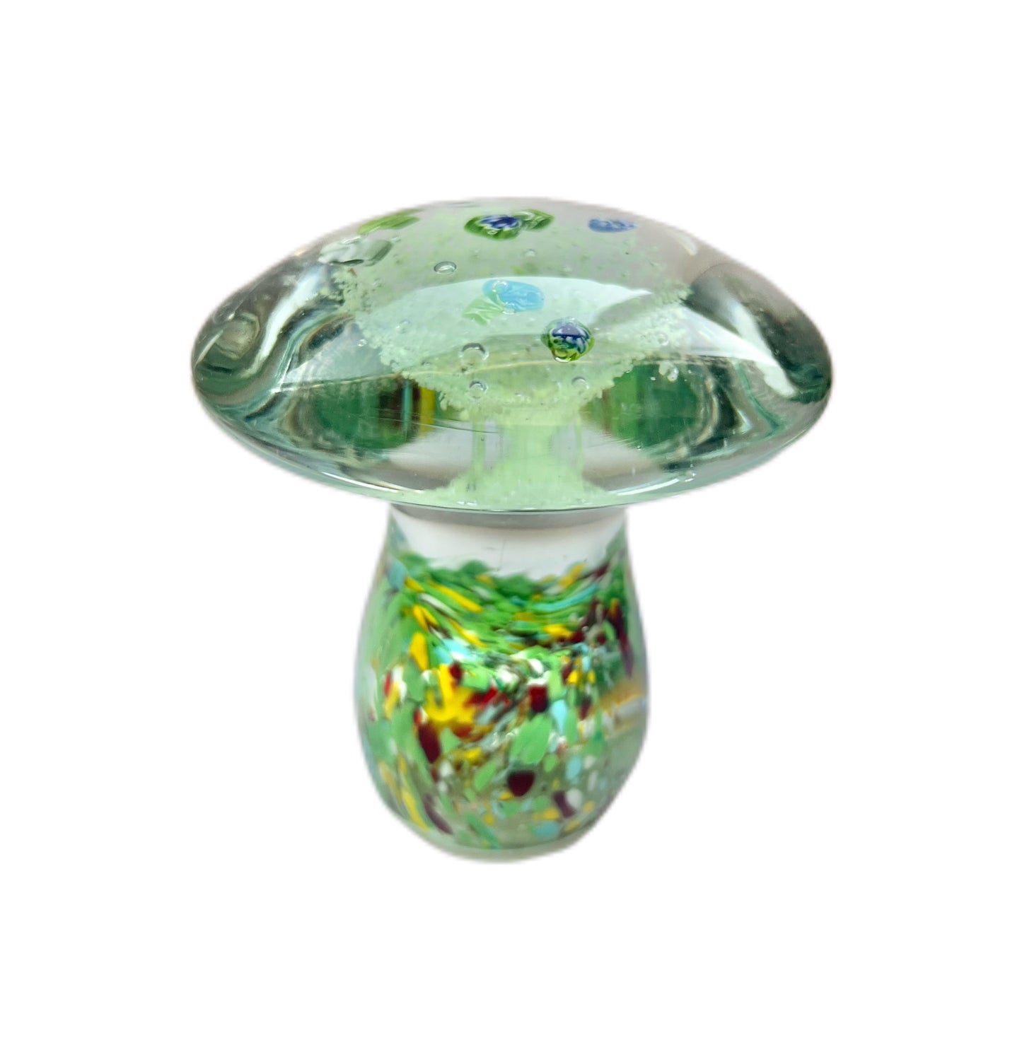 Handblown art glass mushroom figurine / paperweight with luminescent UV reactive details