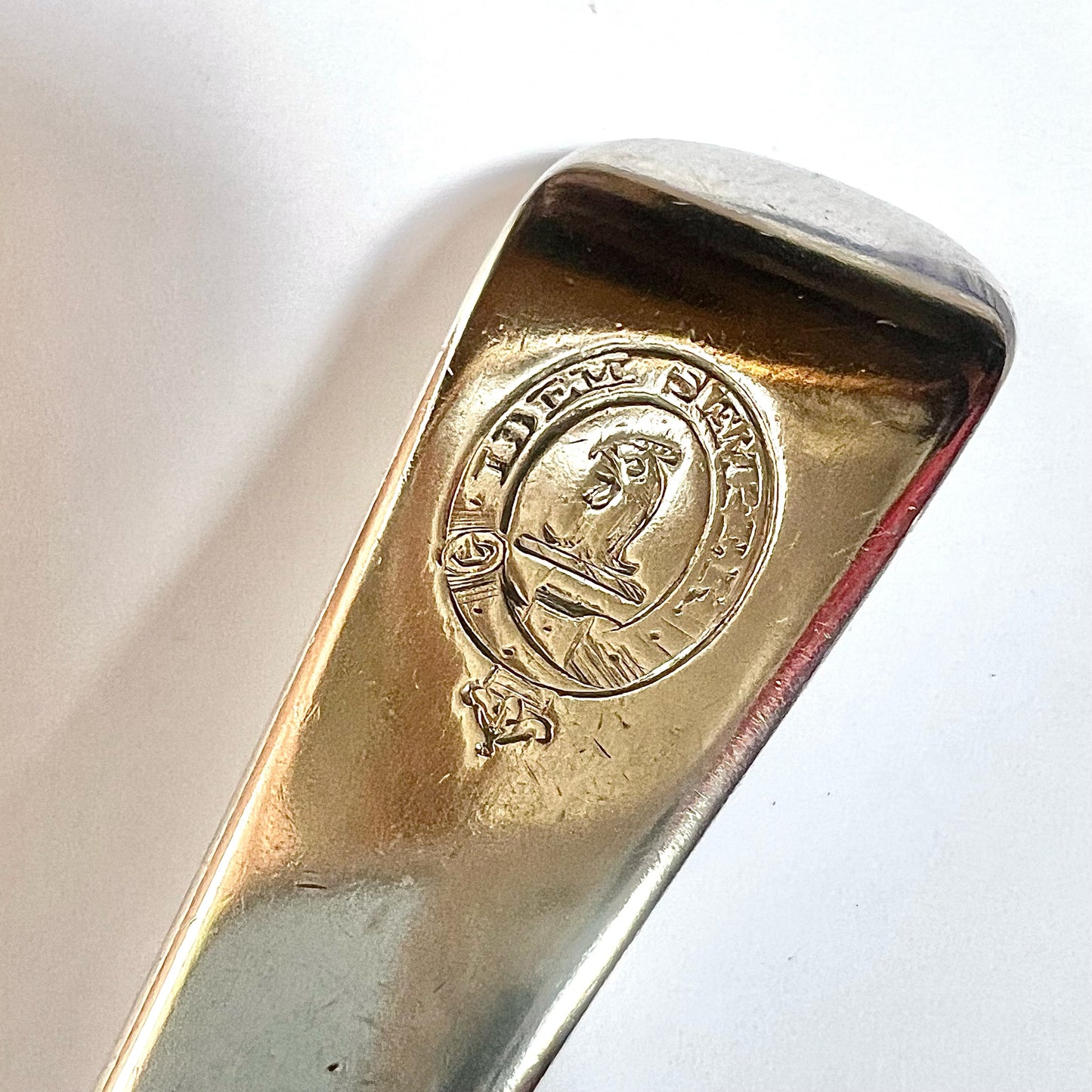 Crested George III sterling silver basting spoon by Richard Crossley, 1801