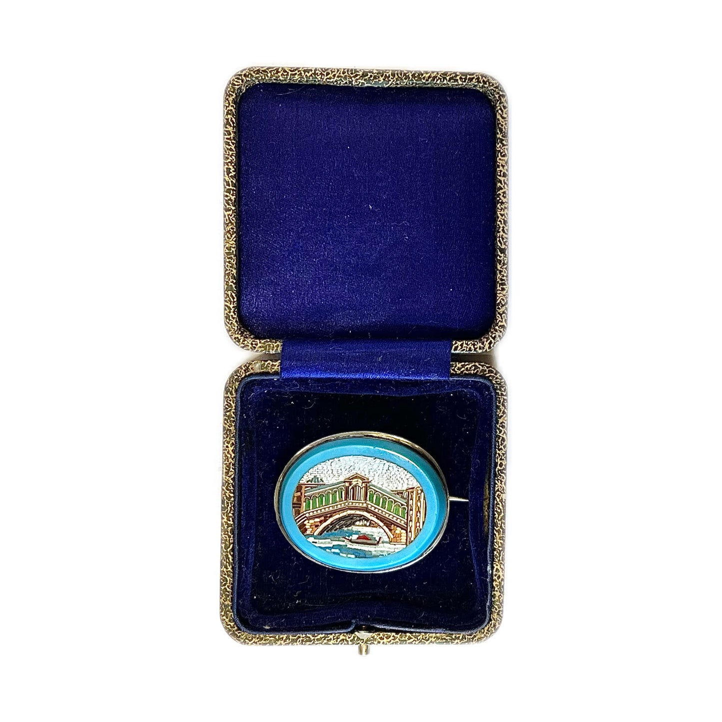 Antique Victorian Grand Tour micromosaic Rialto Bridge brooch with unmarked silver mount