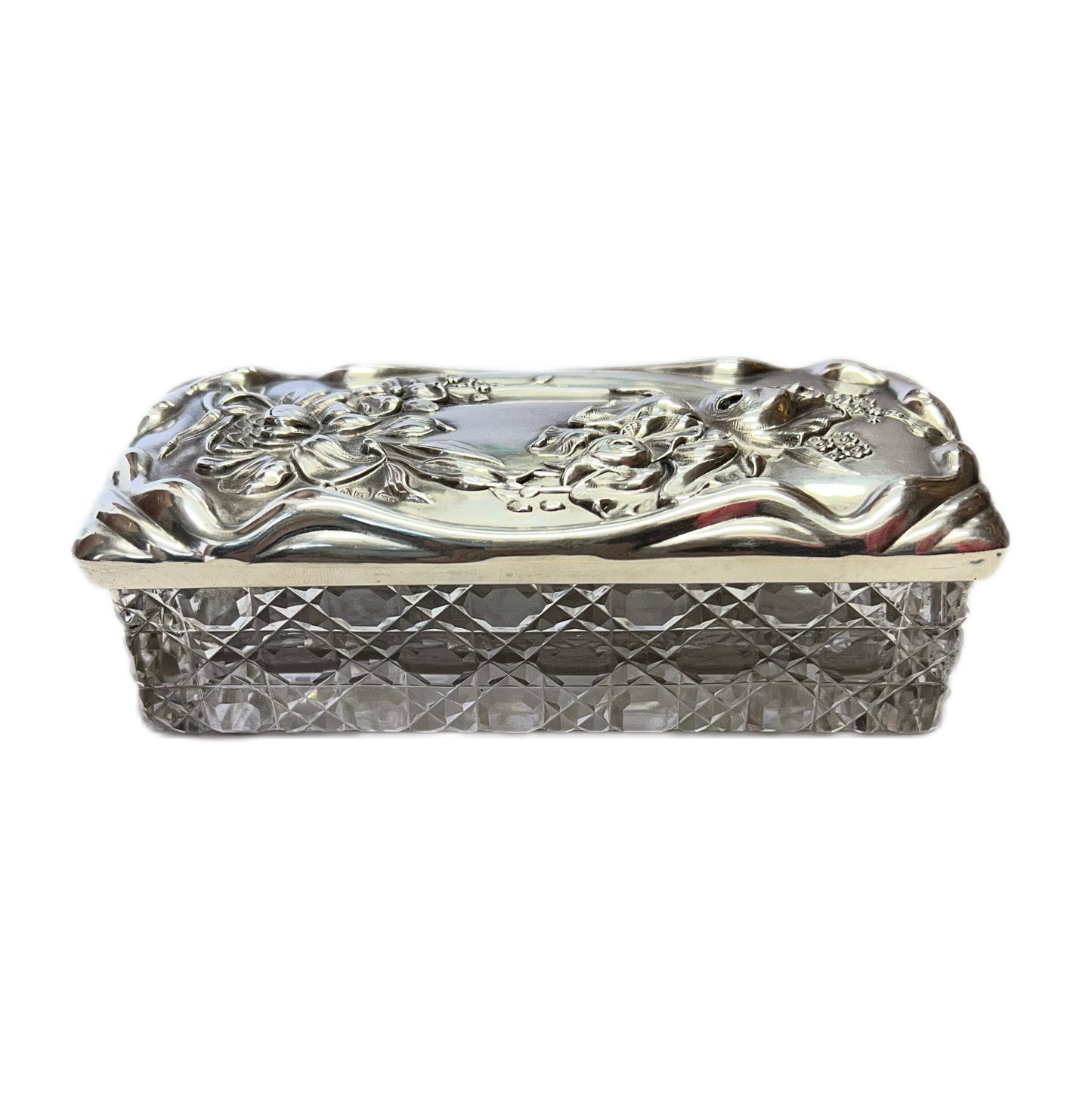 Antique George V sterling silver and cut glass trinket box