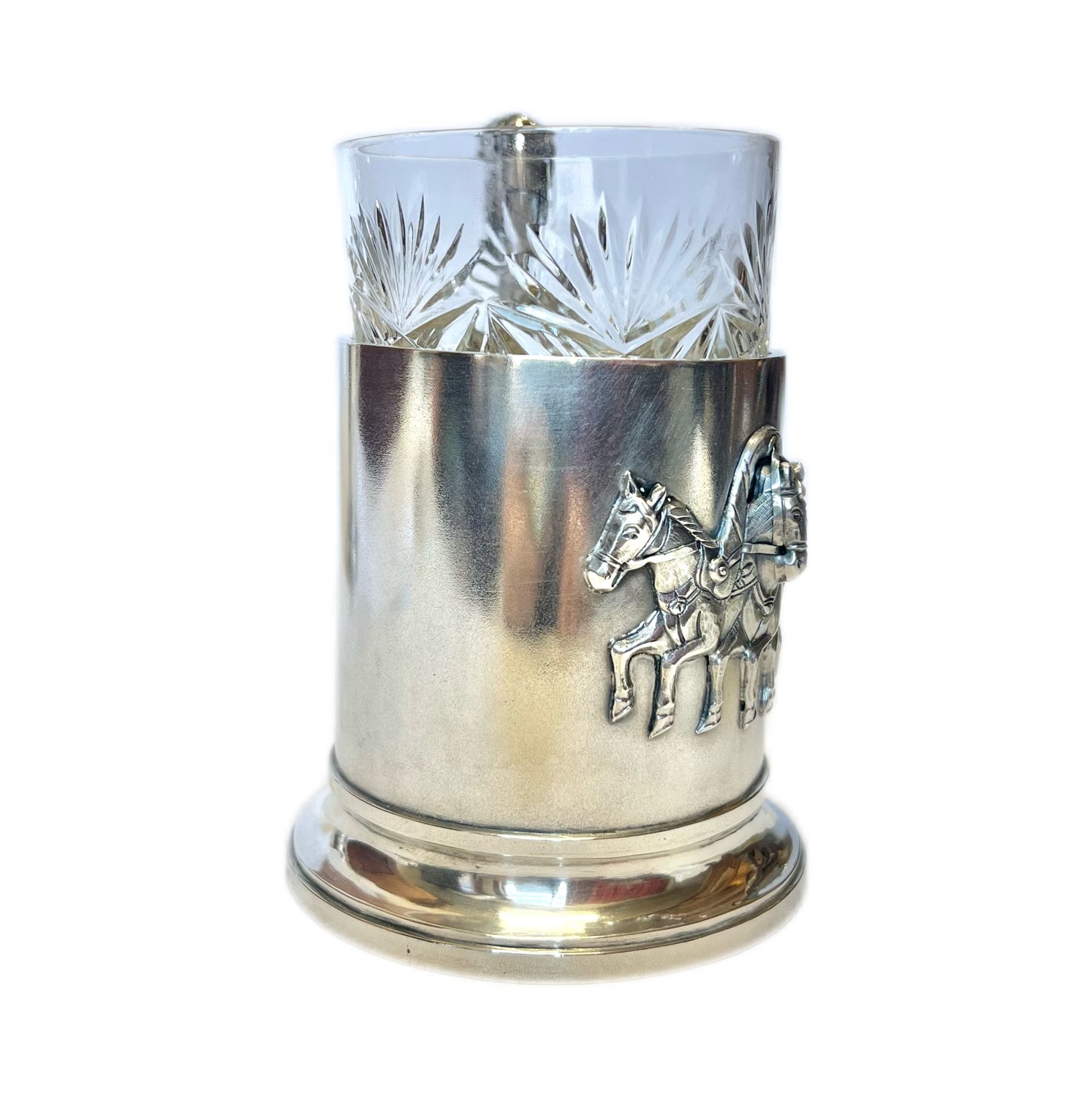 Antique Russia .875 silver Troika podstakannik tea glass holder with original glass
