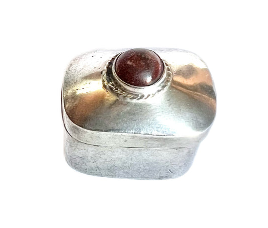 Midcentury Mexican Taxco silver pillbox with goldstone cabochon