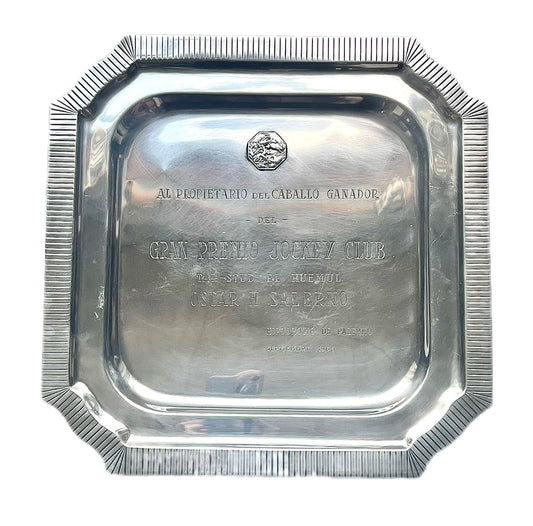 Large Vintage Midcentury Argentinian sterling silver silver horse racing trophy plate