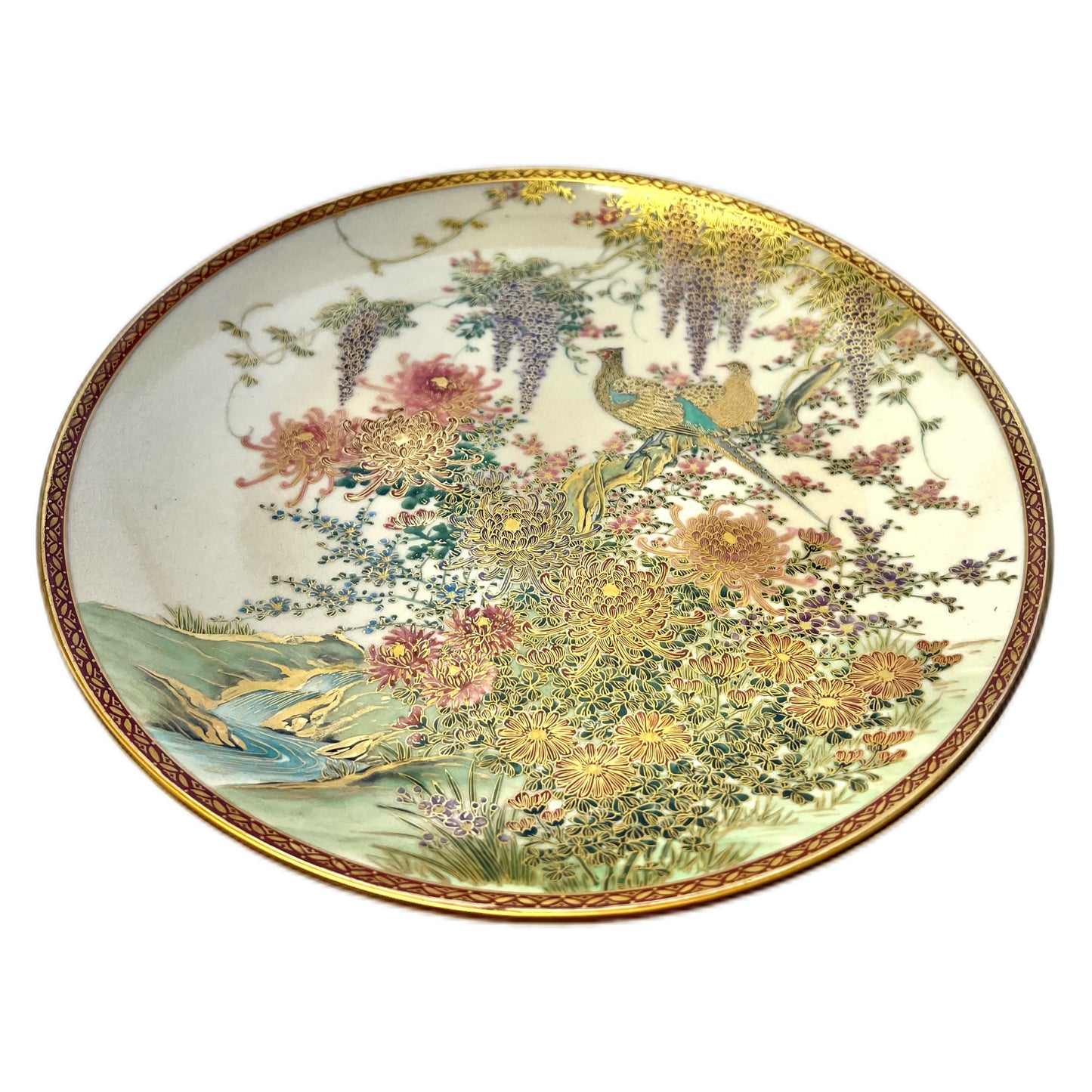 Vintage near antique Satsuma pheasant and wisteria plate, Soko of Kobe