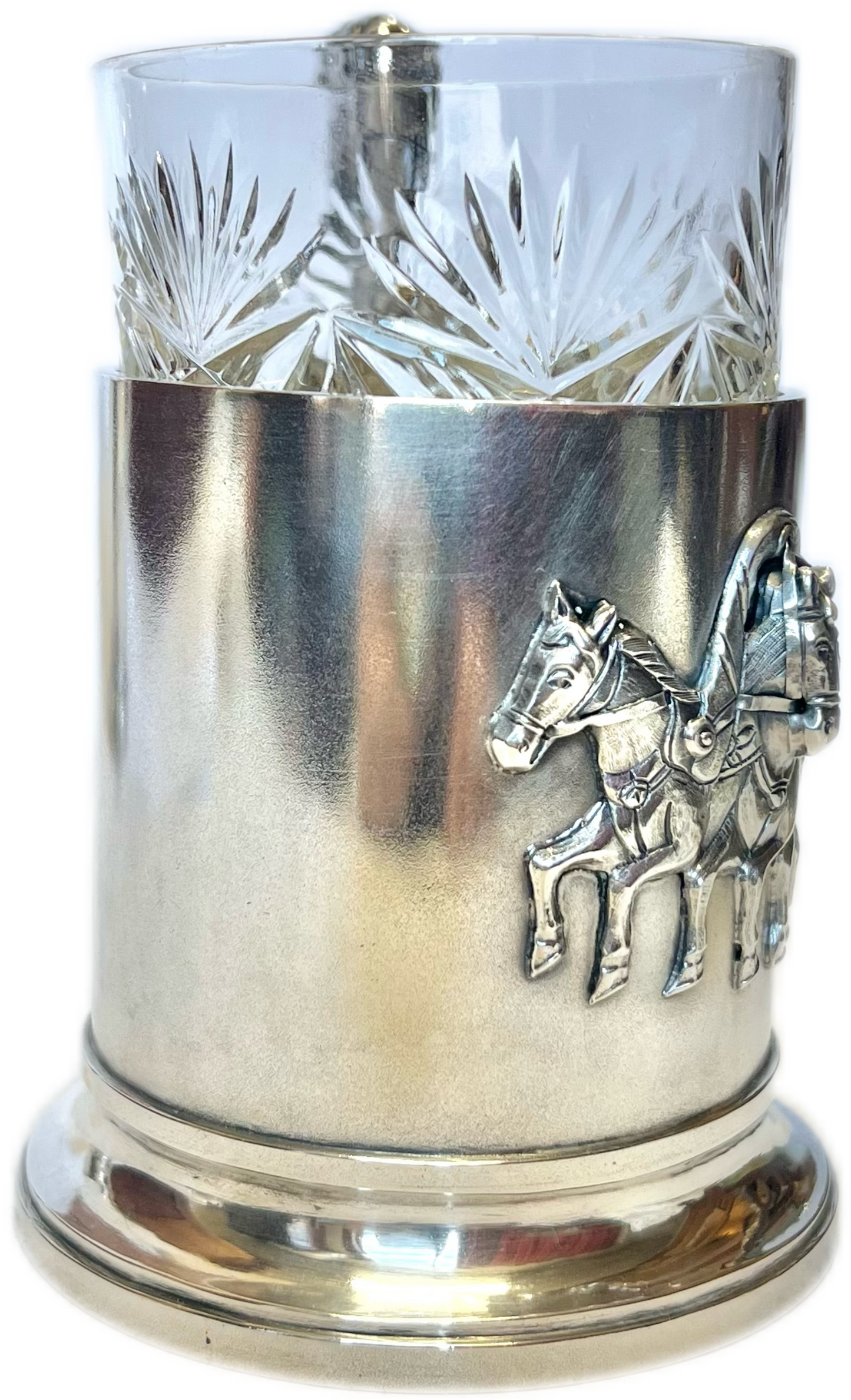 Antique Russia .875 silver Troika podstakannik tea glass holder with original glass