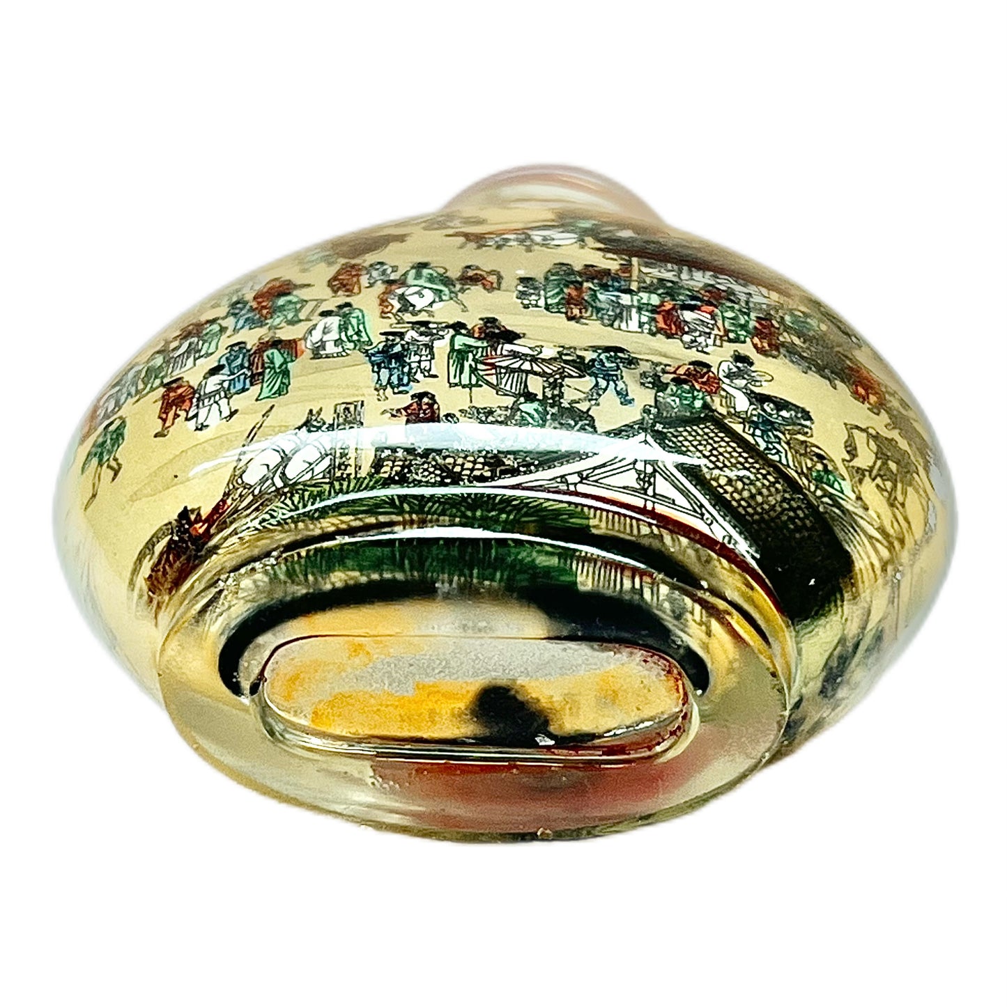 Beautiful late 20th century Chinese reverse-painted snuff bottle, Along the River During the Qingming Festival (Qingming Shanghe Tu)