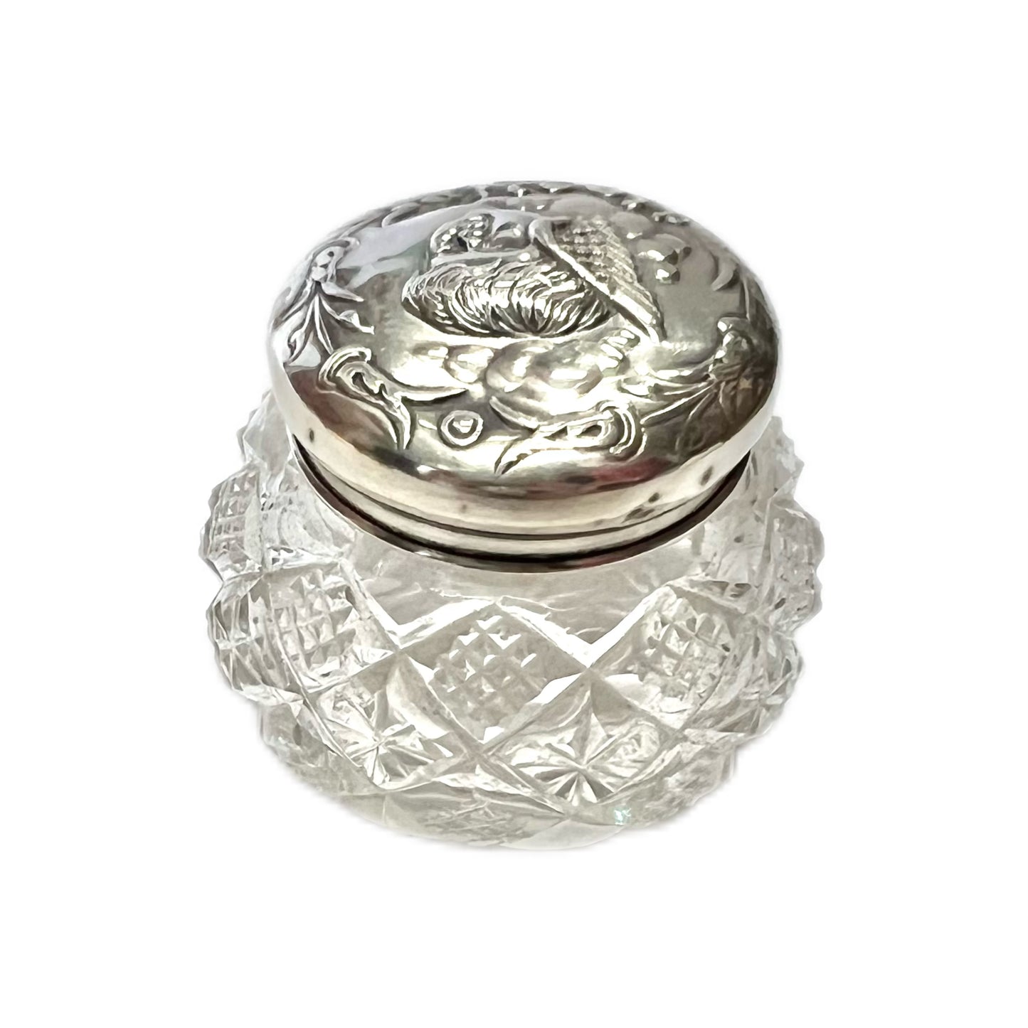 Late Victorian to early Edwardian sterling silver and cut glass miniature toiletry jar