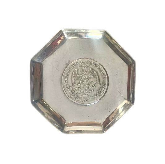 Near antique 1930s Chinese export silver 1893 8 reales coin trinket dish