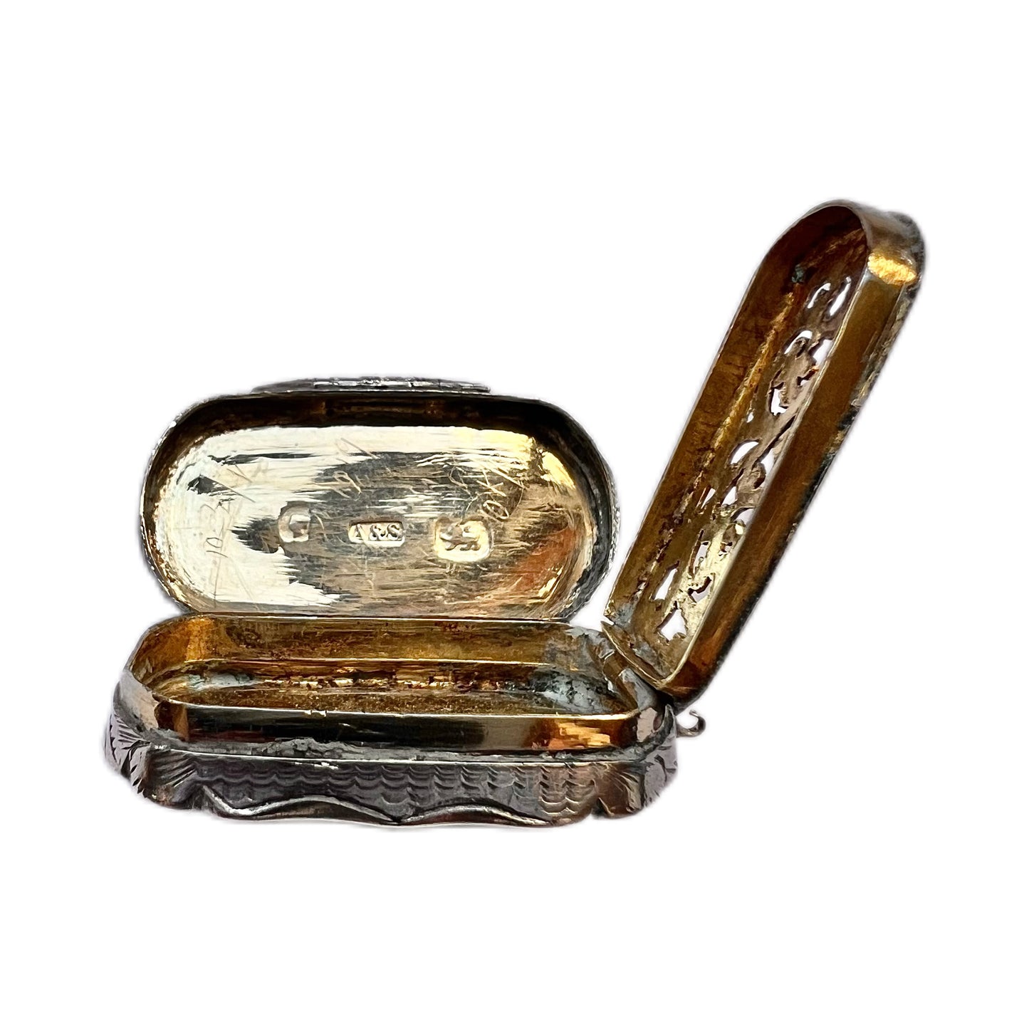 Sterling silver High Victorian vinaigrette with marks for Aston & Son, Birmingham, 1859.