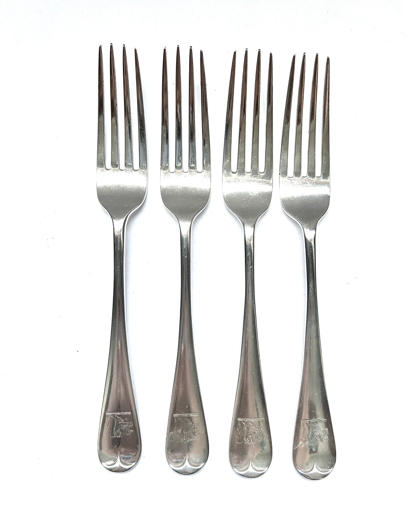 Set of 4 Late Victorian crested sterling silver table forks, London, 1891, Wakely & Wheeler