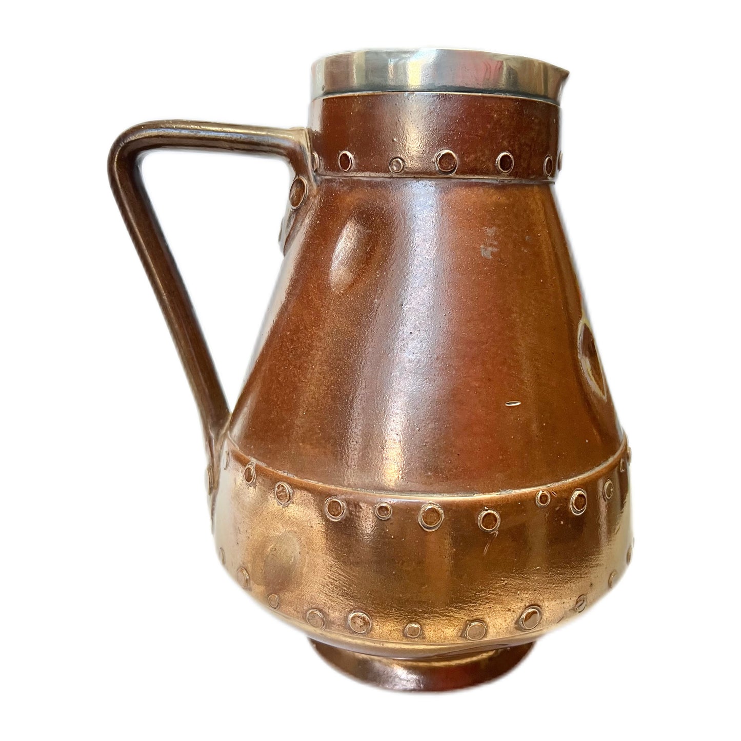 Antique Doulton Lambeth Silicon Ware "Riveted Coppet" jug with sterling silver rim