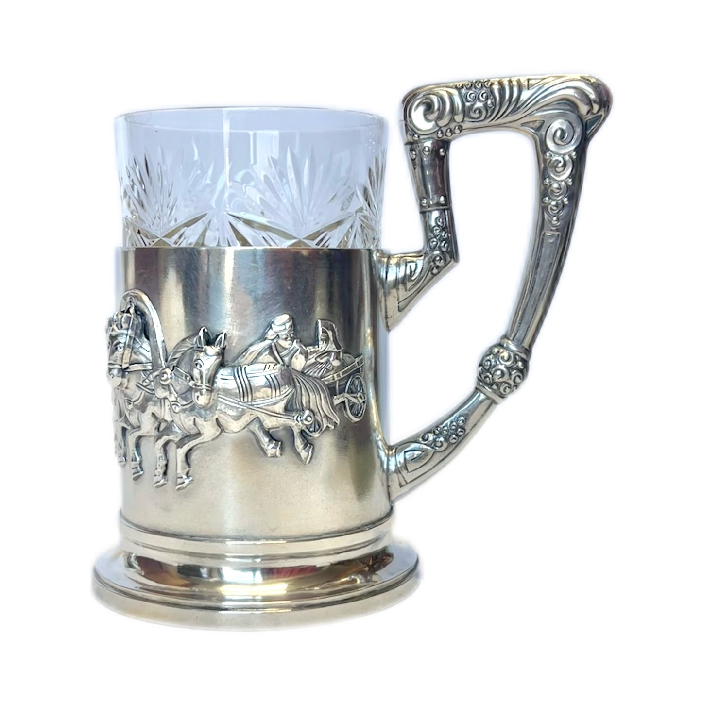Antique Russia .875 silver Troika podstakannik tea glass holder with original glass