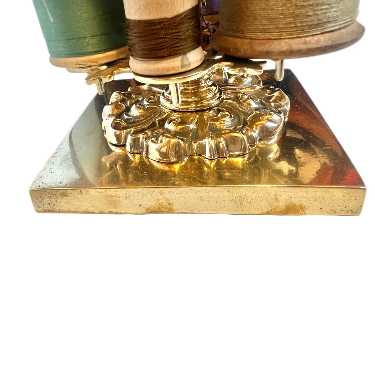 Antique 19th century High Victorian brass spool holder with original pincushion