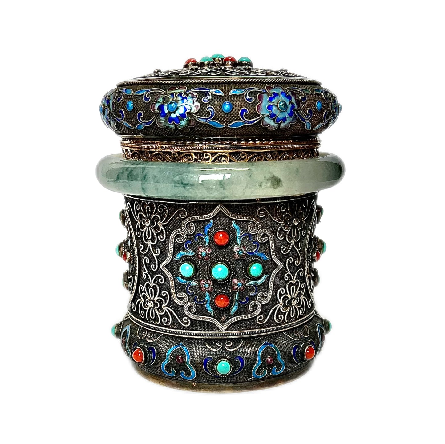 Antique Chinese export silver, enamel and jadeite tea caddy, late Qing to early Republic Period