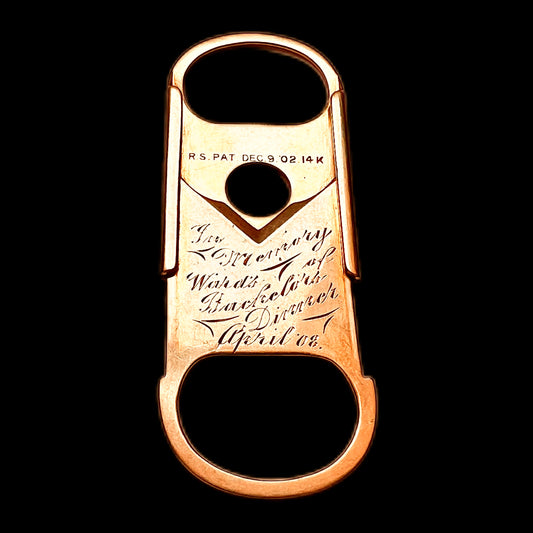 Antique Edwardian 14k gold guillotine cigar cutter with associated case, made by Reinhold Steinecke