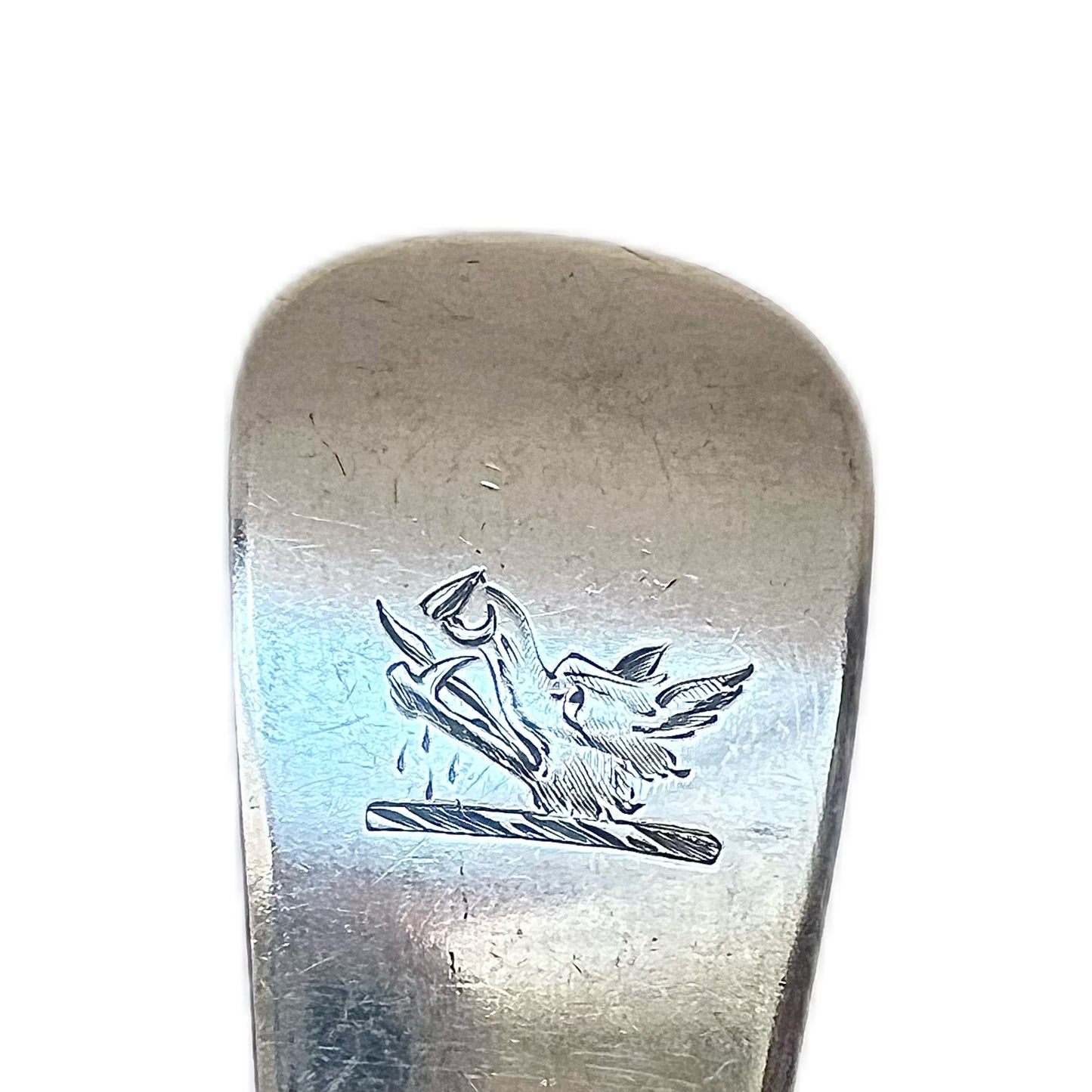 Antique William IV crested sterling silver serving spoon by Mary Chawner