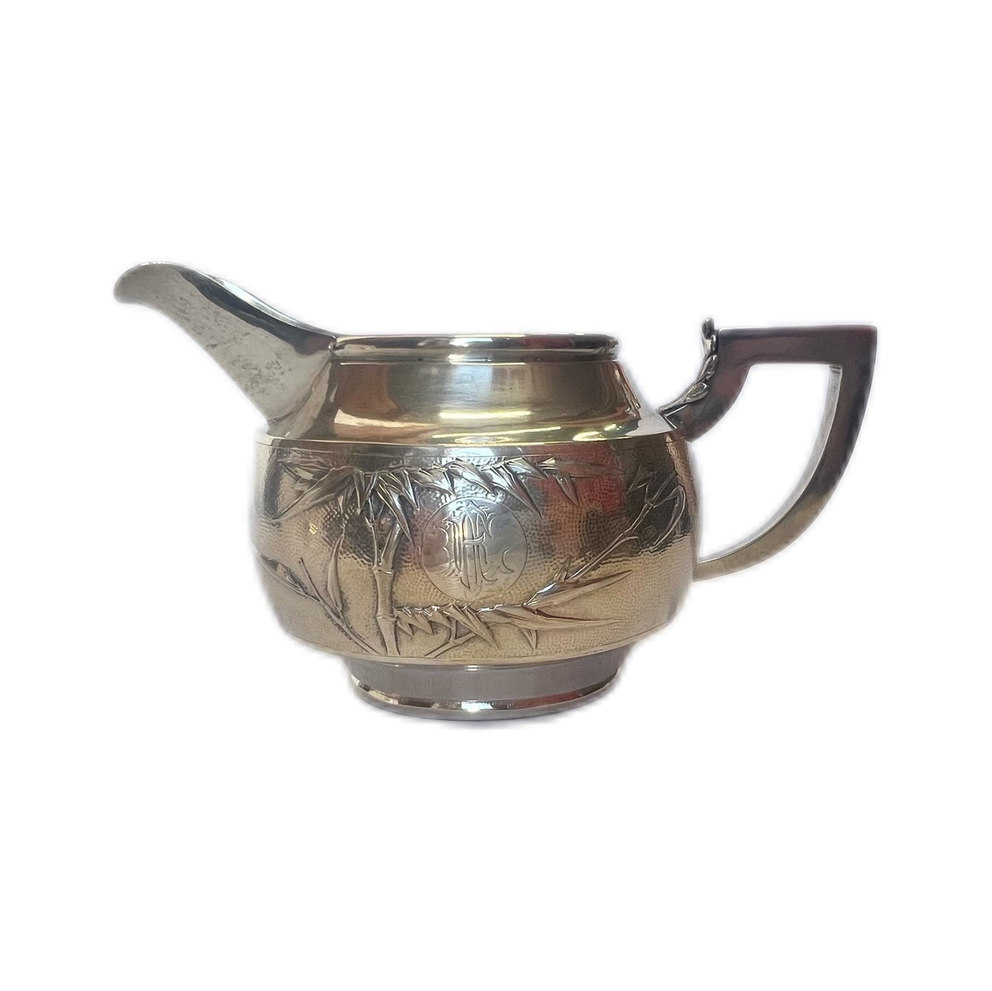 Near antique Chinese export silver 3 piece tea set with rosewood tray, estate of Shanghai Police Supt. Lovell