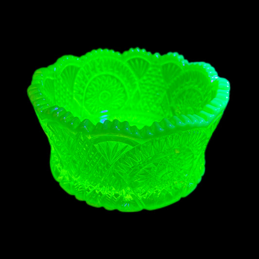 Vintage uranium glass bowl in Diamond Classic pattern by Mosser Glass