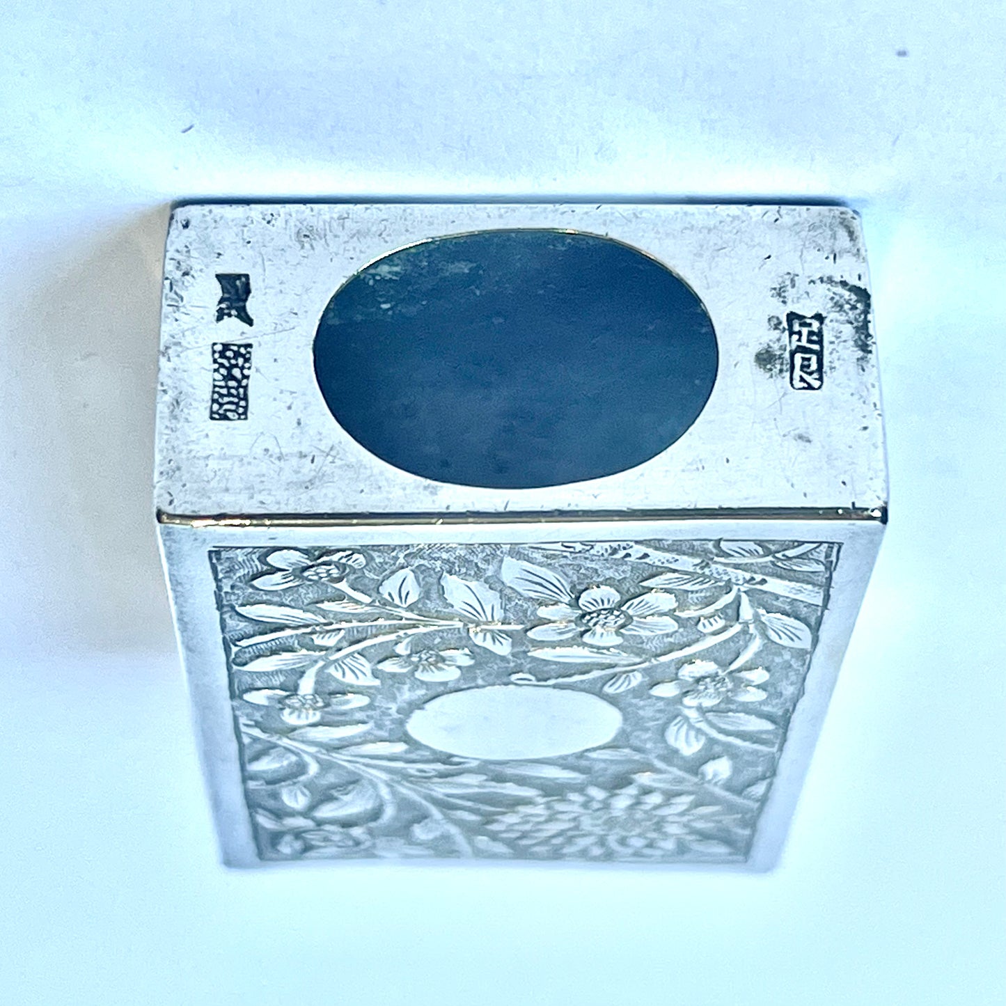 Antique Chinese export silver matchbox with floral motifs