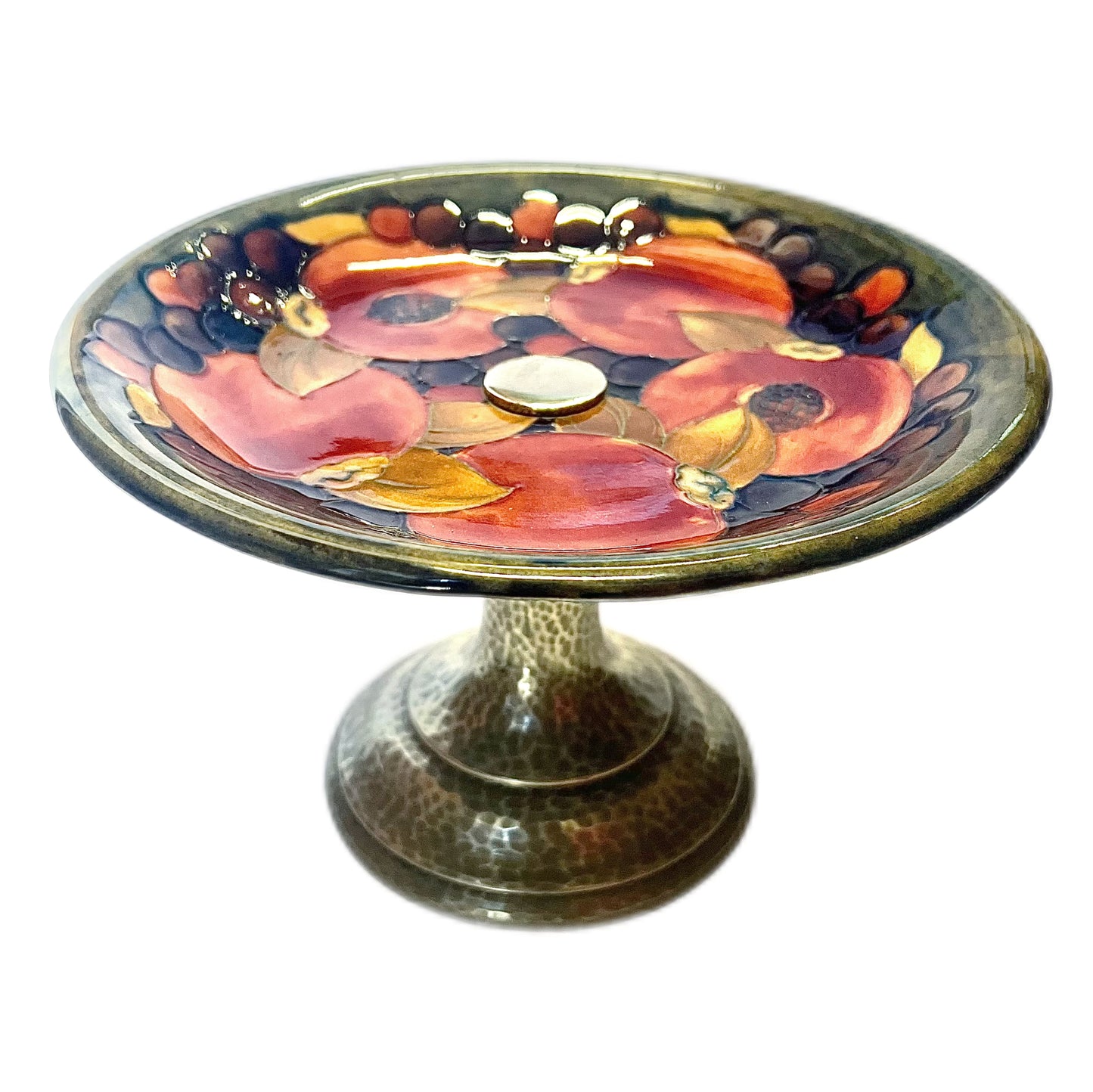 Antique Moorcroft Pomegranate patterned tazza/comport with planished pewter base