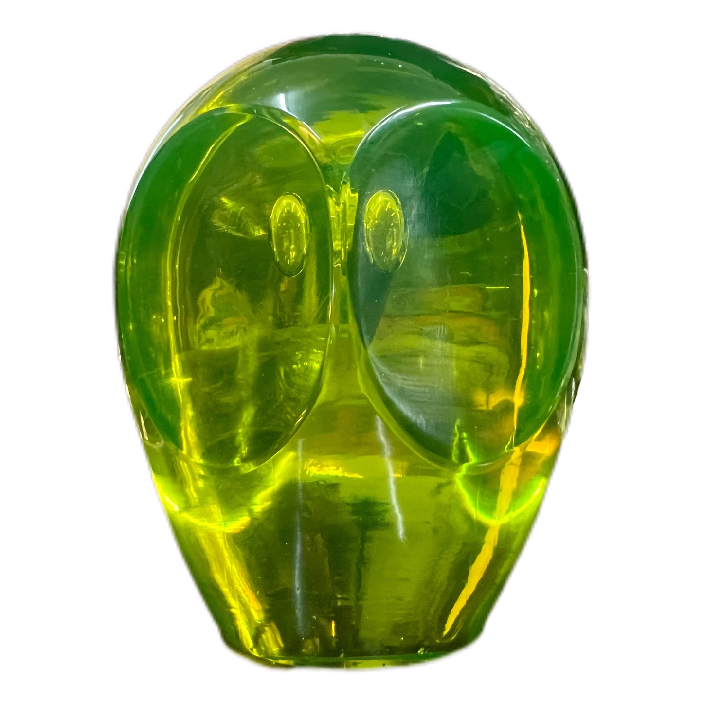 Vintage midcentury hand-blown uranium glass owl paperweight