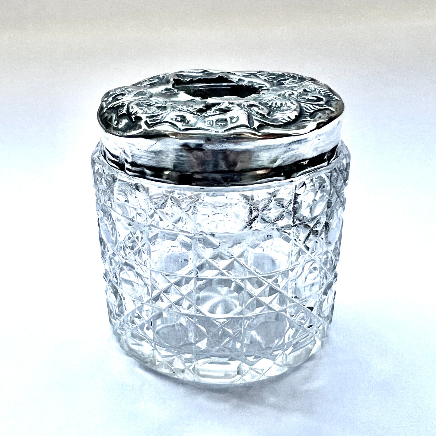 Antique sterling silver and crystal hair tidy, keeper or receiver circa London, 1907