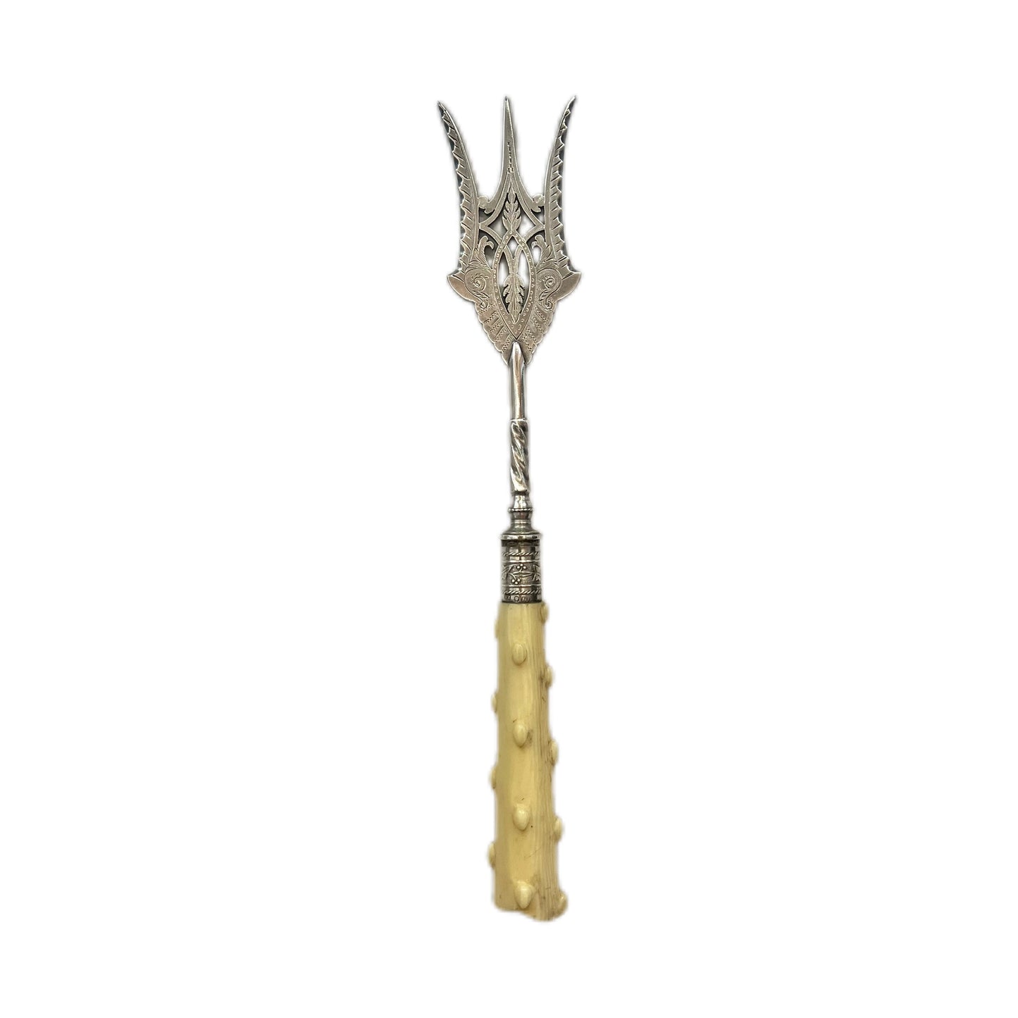 Late Victorian silver-plated and ivory faux coral handled serving fork with sterling silver ferrule by William Yates